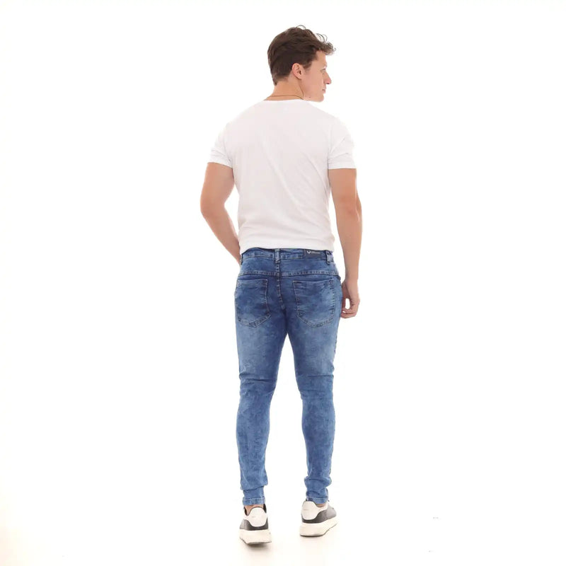 Calça Jeans Super Skinny Masculina Lavagem Azul Marmorizado Tendência