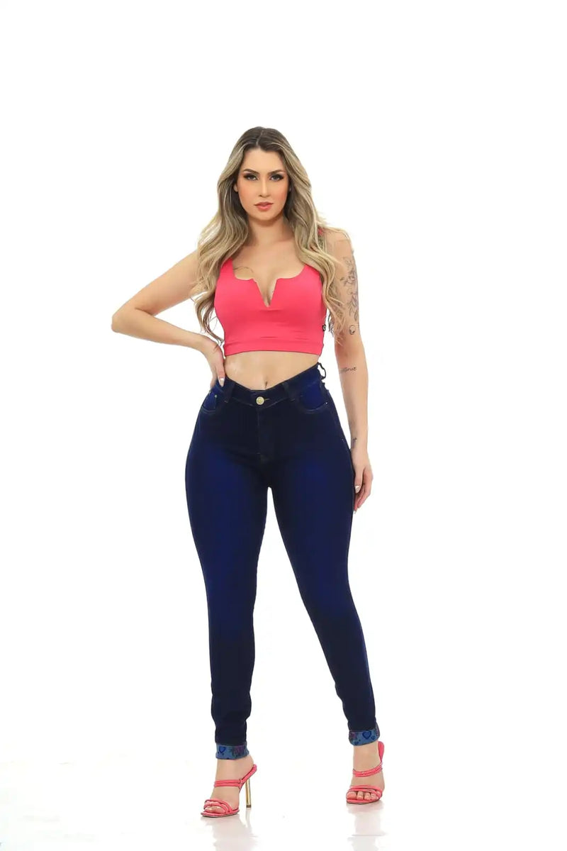 Calça Jeans Skinny Azul Escuro Com Cinta Lipo Cintura Alta Premium