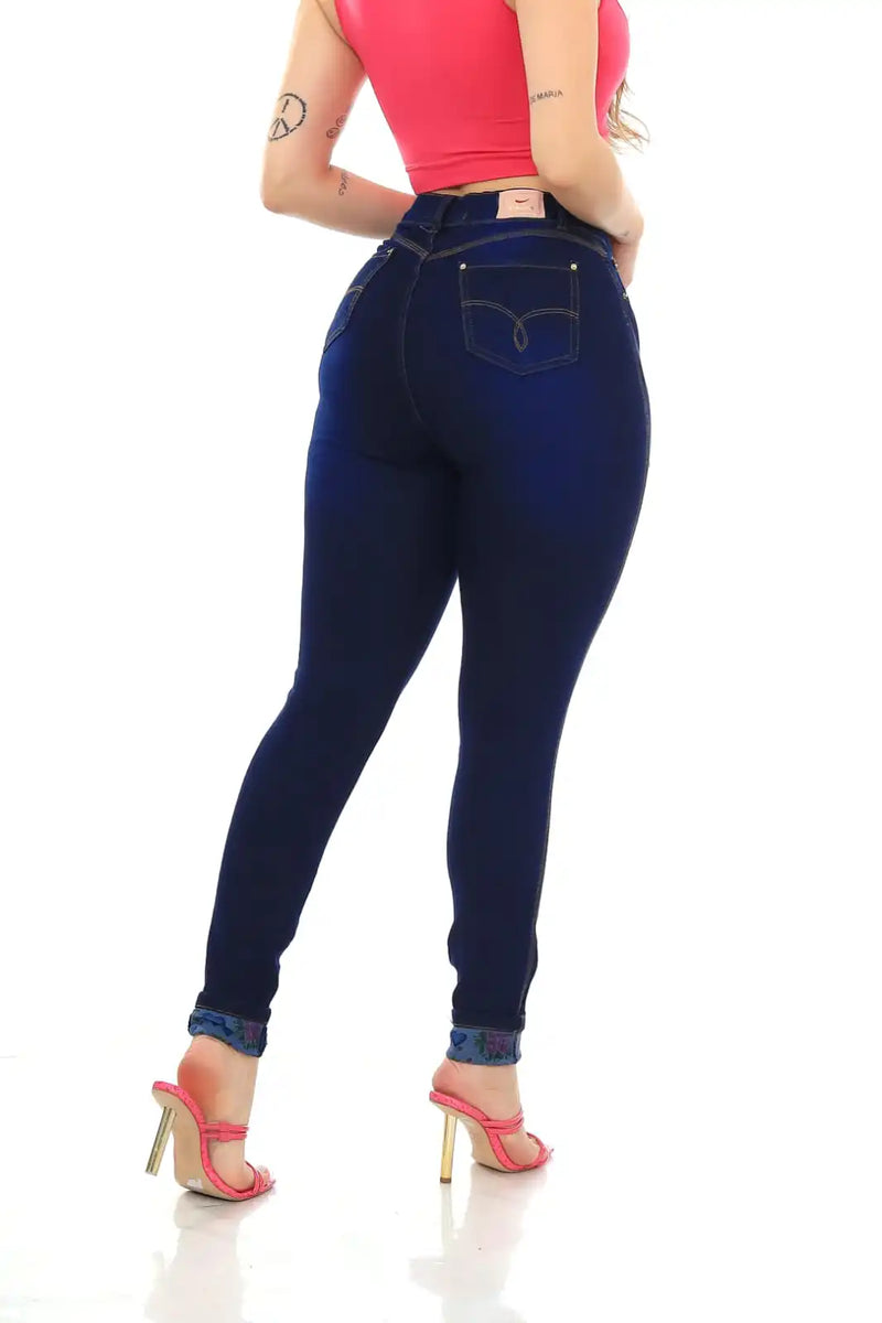 Calça Jeans Skinny Azul Escuro Com Cinta Lipo Cintura Alta Premium