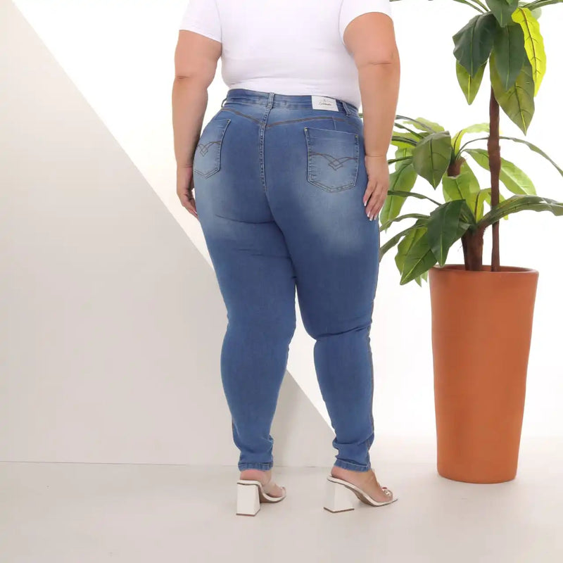 Calça Jeans Skinny Cinta Lipo Feminina Plus Size Destroyed