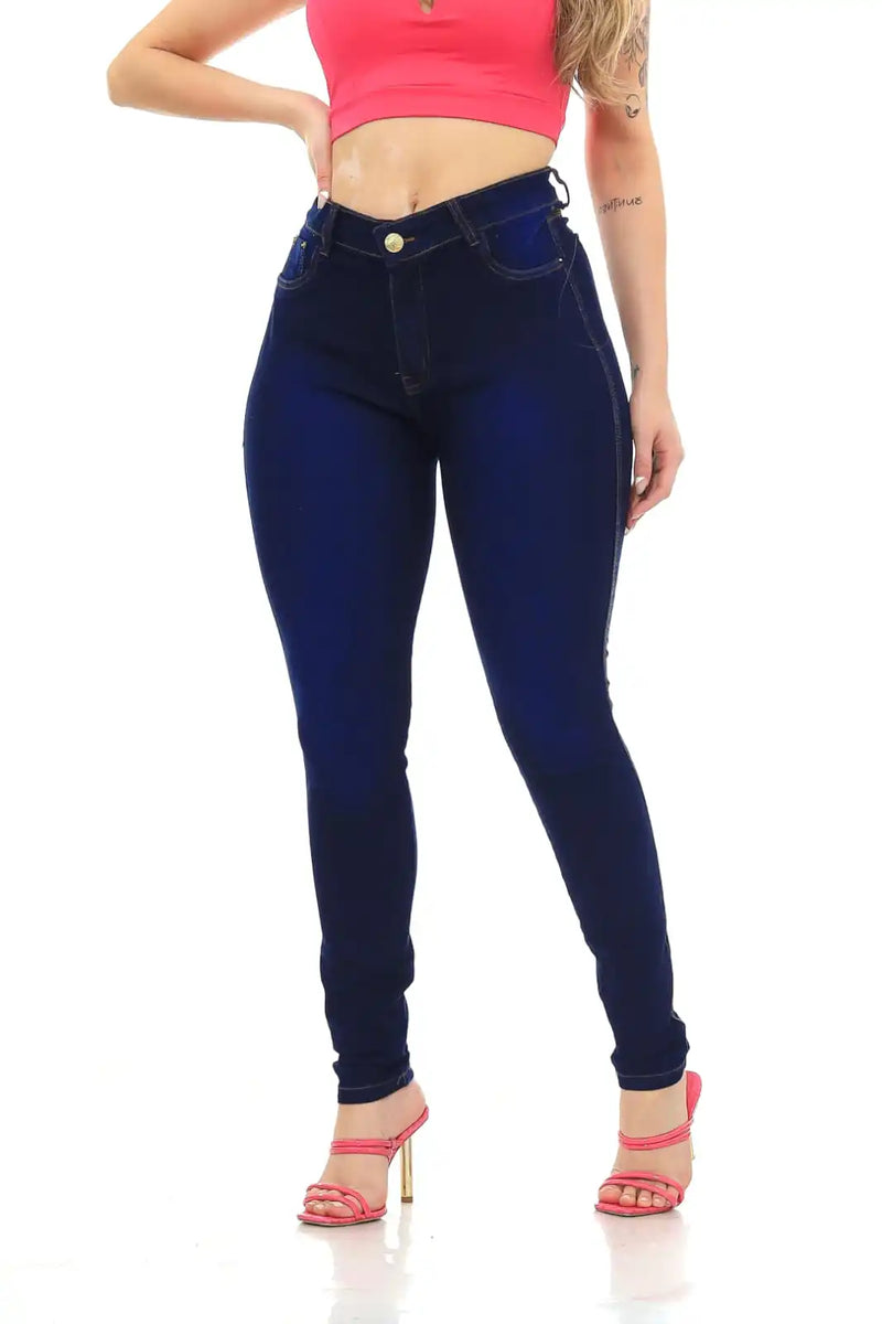 Calça Jeans Skinny Azul Escuro Com Cinta Lipo Cintura Alta Premium