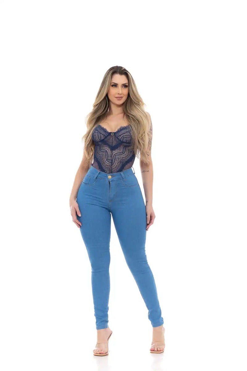 Calça Jeans Skinny Azul Claro Délavé Cintura Alta Premium