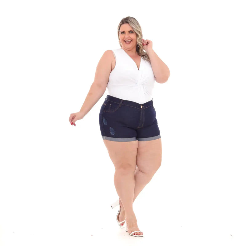 Shorts Feminino Jeans Plus Size Azul Escuro Moda Fashion