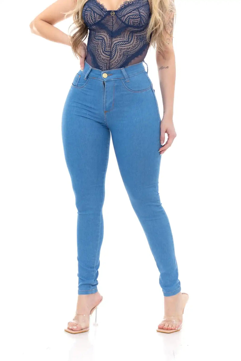 Calça Jeans Skinny Azul Claro Délavé Cintura Alta Premium