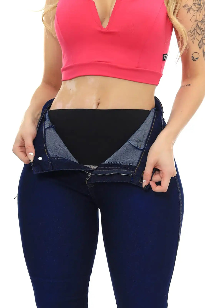 Calça Jeans Skinny Azul Escuro Com Cinta Lipo Cintura Alta Premium