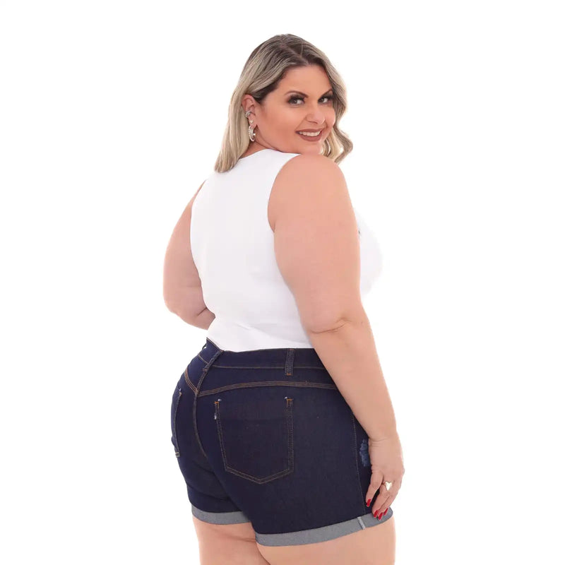 Shorts Feminino Jeans Plus Size Azul Escuro Moda Fashion