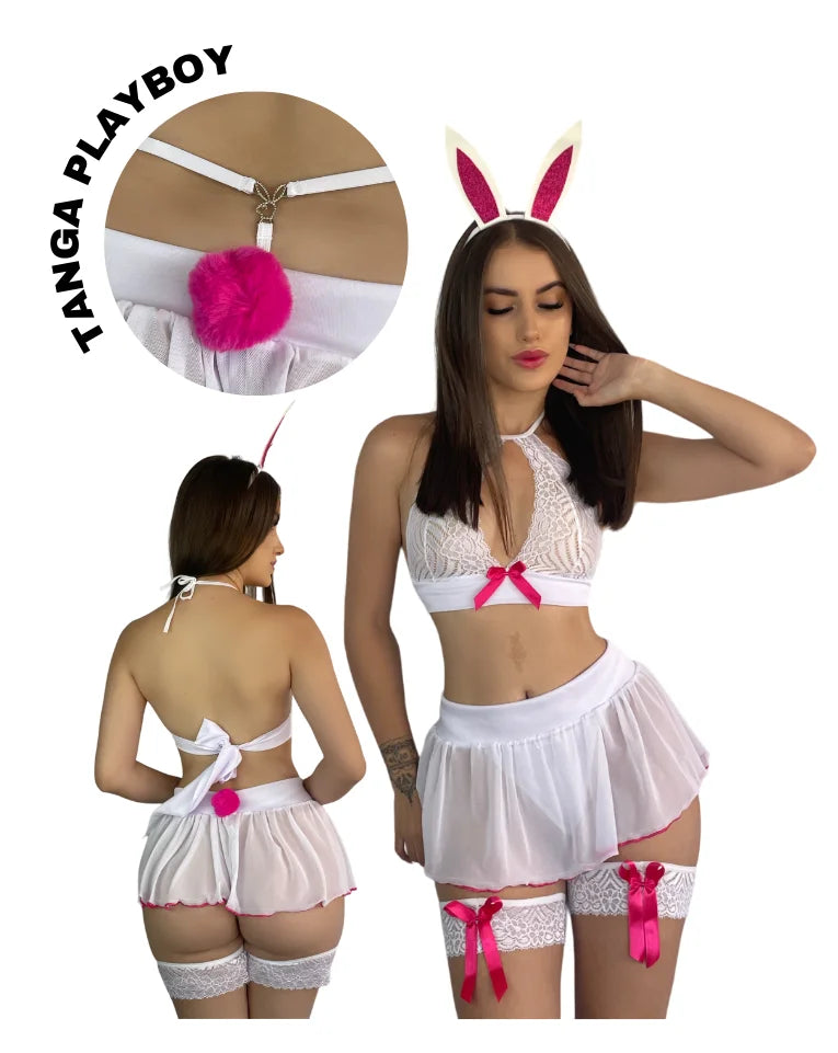 Sexy Cropped Set and Coelha Skirt with Thong Fantasy Sexy Bunny Luxury Underwear Women's Lingerie Body