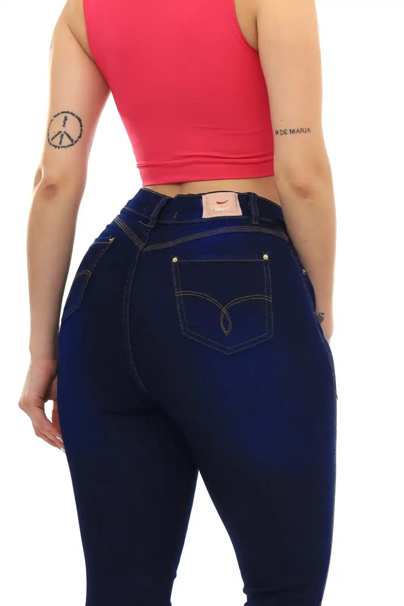 Calça Jeans Skinny Azul Escuro Com Cinta Lipo Cintura Alta Premium