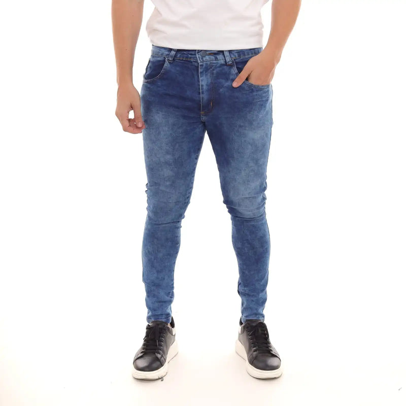 Calça Jeans Super Skinny Masculina Lavagem Azul Marmorizado Tendência