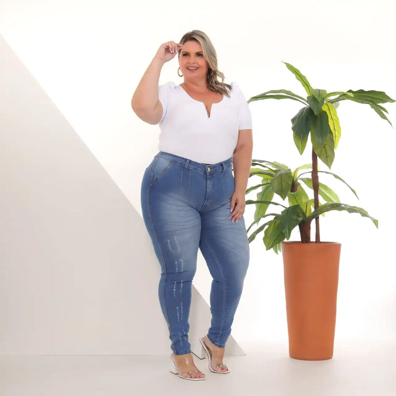 Calça Jeans Skinny Cinta Lipo Feminina Plus Size Destroyed