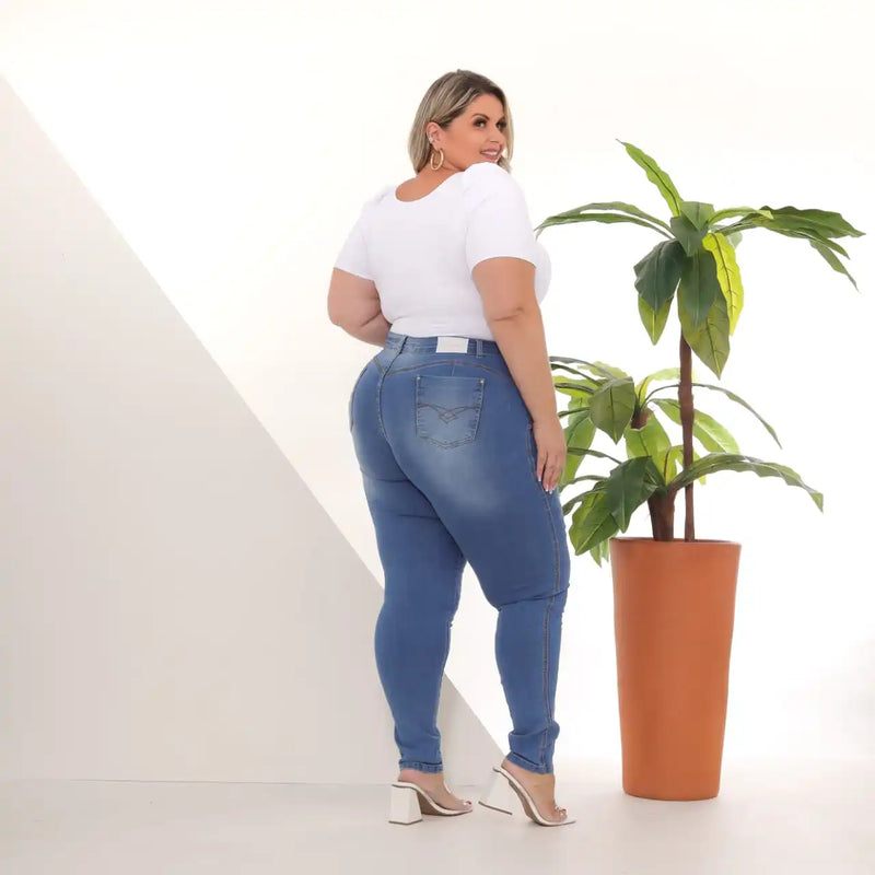 Calça Jeans Skinny Cinta Lipo Feminina Plus Size Destroyed