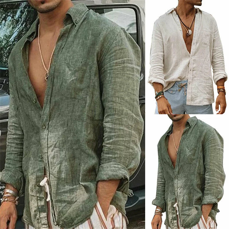 Camisas de linho de algodão gola de pé masculino cor sólida mangas compridas soltas