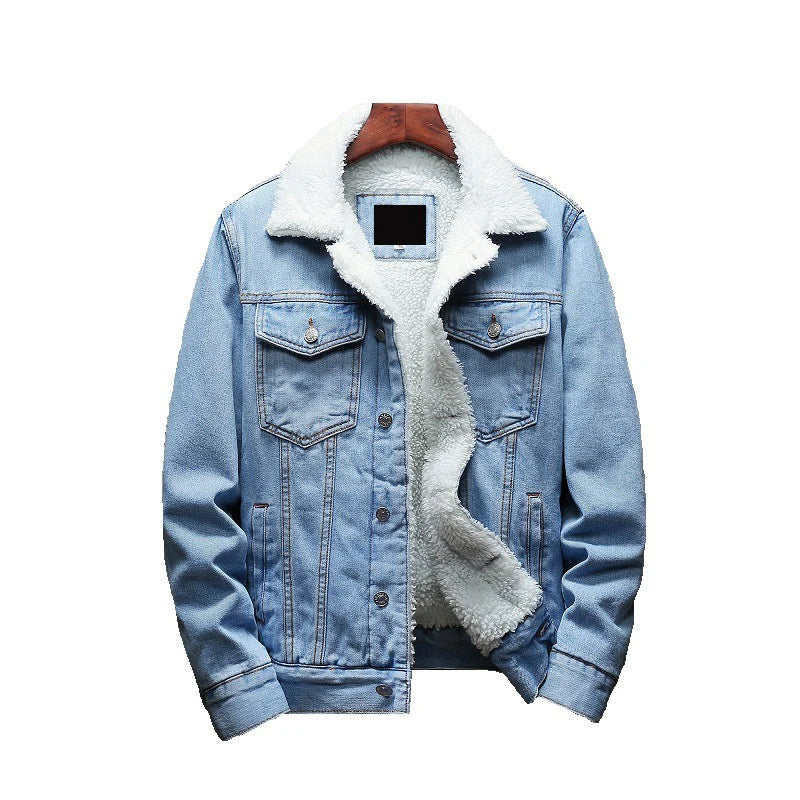 Plush Long-sleeved Jeans Jacket Men's Winter Denim Cotton Jacket Lamb Wool Korean Fashion Style Thick Outware Coat For Young Men