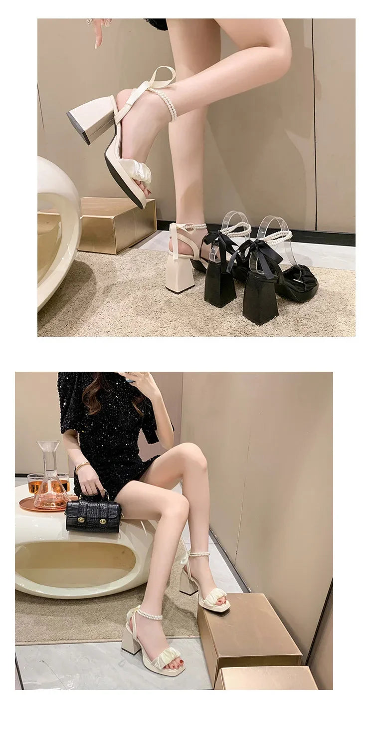 Shoes for Women Pearl Sandals Suit Female Beige Increasing Height Block Heels All-Match Black Bow 2024 Fashion Chunky Sandals