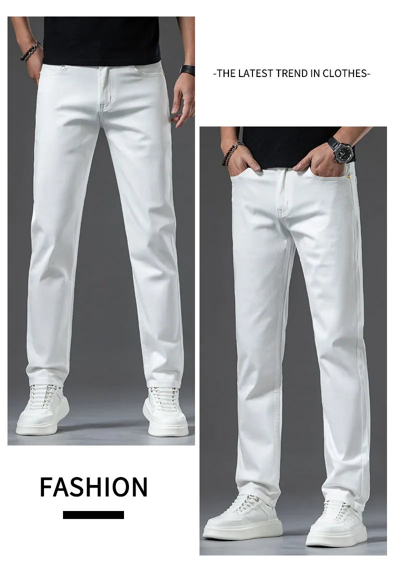 New Fashion Brand Jeans Men's Khaki White Straight Denim Medium Waist Fashion Stretch Casual Cotton Denim Pants