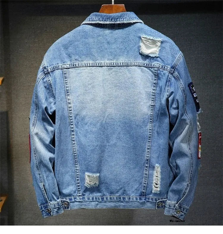 Men Brand Denim Jacket Streetwear Punk Motorcycle Ripped Print Cowboy Coats High Quality Casual Hole Loose Male Jeans Outwear