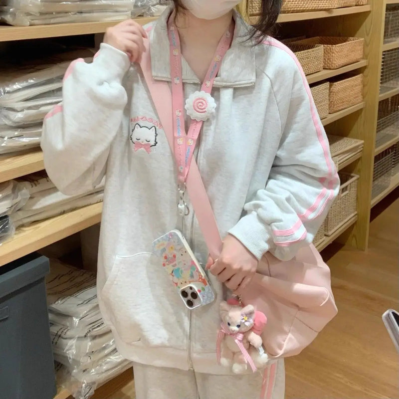 Hoodie com zíper Houzhou-Kawaii feminino, bordado gato rosa, moletom com capuz extragrande, moda japonesa, Harajuku fofo, inverno, 2023