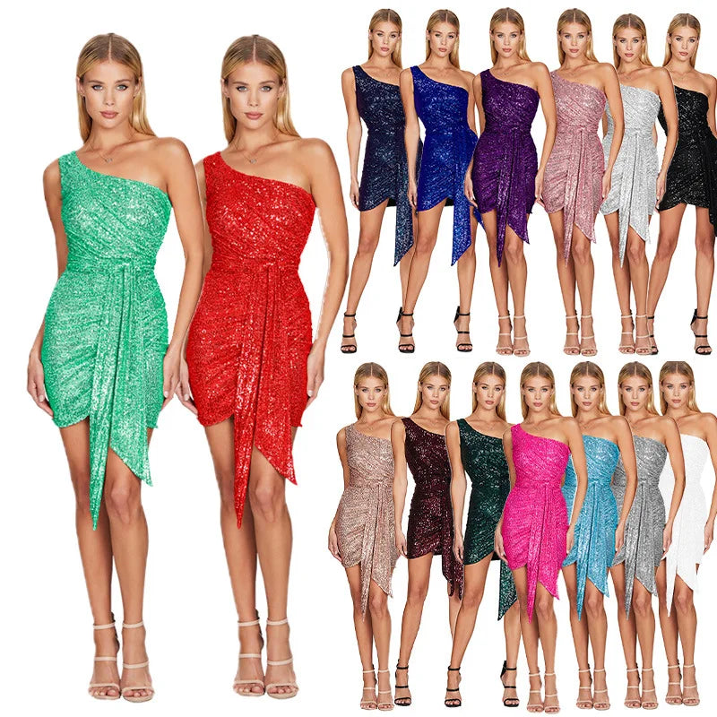 Sexy Sequin Evening Dress Elegant Women One Shoulder Sleeveless Asymmetrical Draped Party Prom Dresses Backless Short Gown