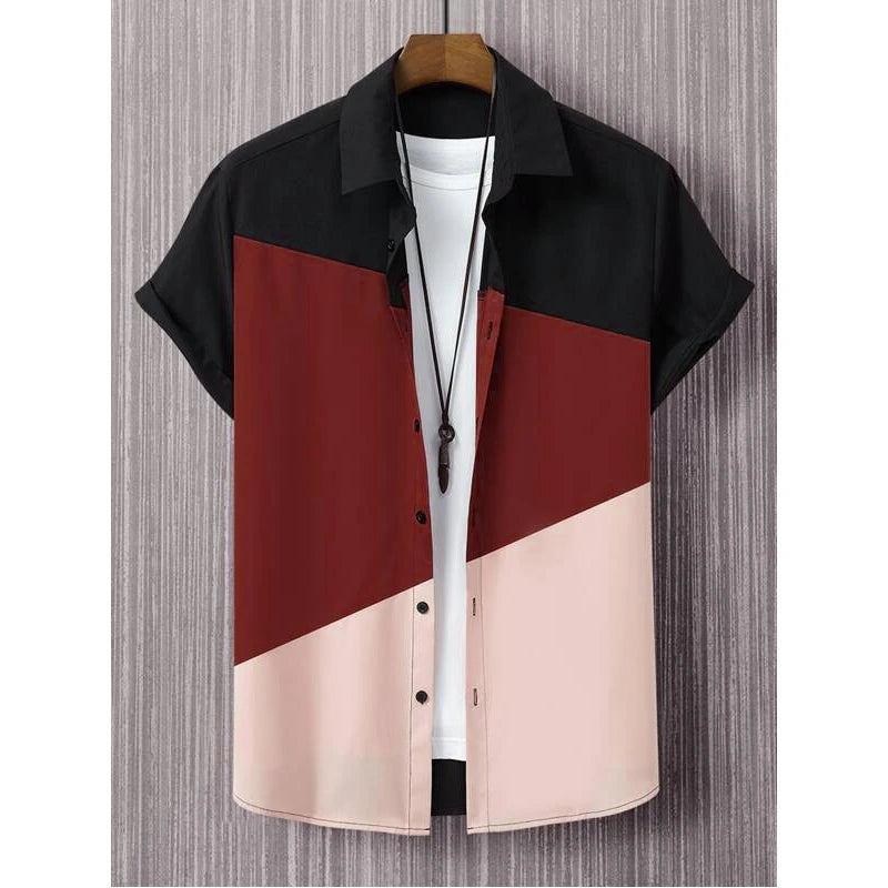 Men Blouses 3D Print Trichromatic splicing Shirt Man Woman Casual Fashion Short Sleeves Shirts Button Lapel Streetwear Clothes