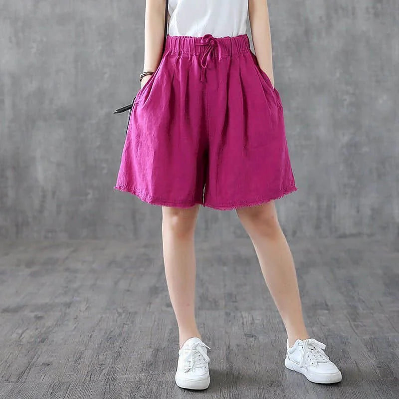 Solid Shorts for Women Summer Sale Linen Casual Straight Short Pants Korean Style Elastic Waist Wide Leg Trousers Women Clothing