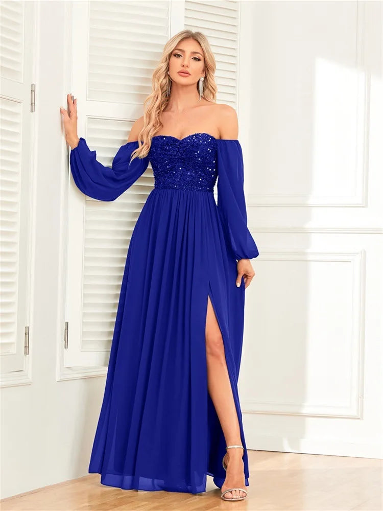 Elegant and versatile one shoulder high slit lace up dress with full lining sequin patchwork chiffon long sleeved formal dress