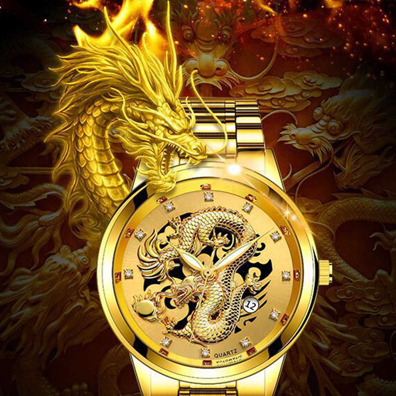 Men's Fashion Business Quartz Watch Fashion Men's Watch Stainless Steel Belt Men's Watches Golden Dragon  Часы Женские Наручные