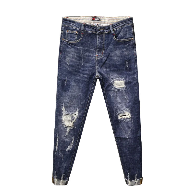 New Original Spring Autumn Blue Wash Designer Distressed Ripped Knees Slim Fit Denim Jeans with Whiskers and Frayed Hem for Men