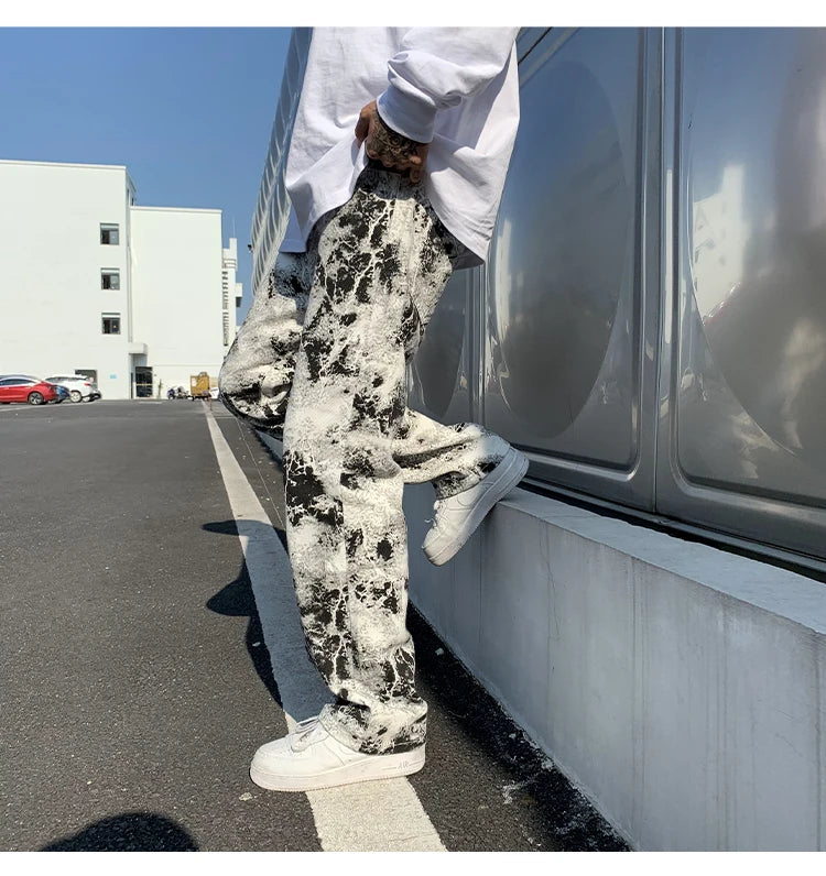 Mens Jean Fashion Printed jeans Spring 2024 Mopping Trousers Jeans Korean Style High Street Loose Hip Hop Wide-leg Jean Pants