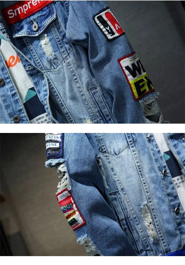 Men Brand Denim Jacket Streetwear Punk Motorcycle Ripped Print Cowboy Coats High Quality Casual Hole Loose Male Jeans Outwear