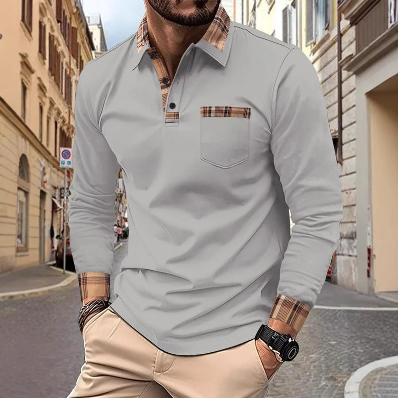 Spring and autumn new men's daily business casual top fashion trend color matching pocket lapel knitted long-sleeved slim polo s