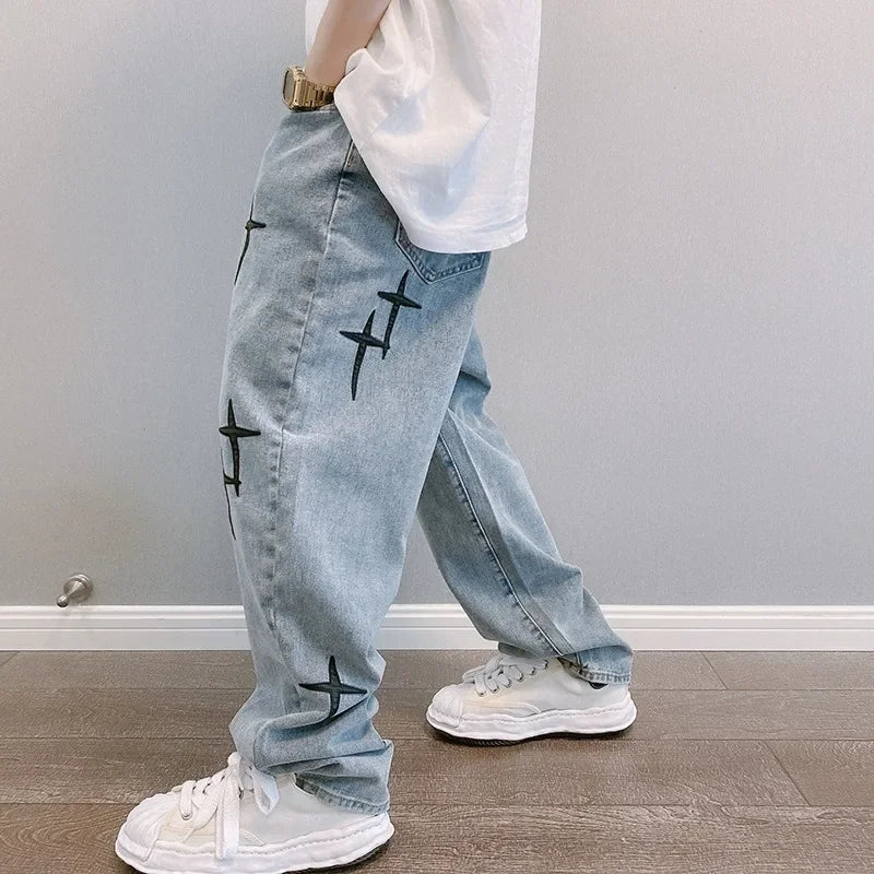 Men Designer Prints Star Jeans Streetwear Loose Wide Leg Jeans Boyfriend Vintage Fashion Straight Casual Loose Denim Cargo Pants