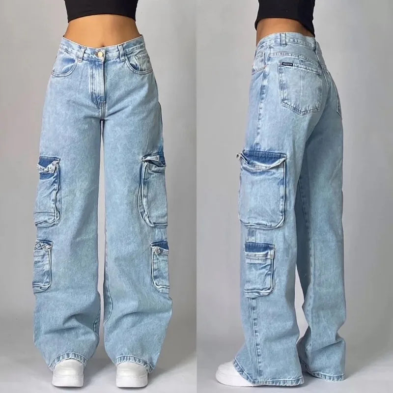 Streetwear American New Washed Light Blue Baggy Jeans Men And Women Y2K High Street Fashion Retro Punk High Waist Wide Trousers