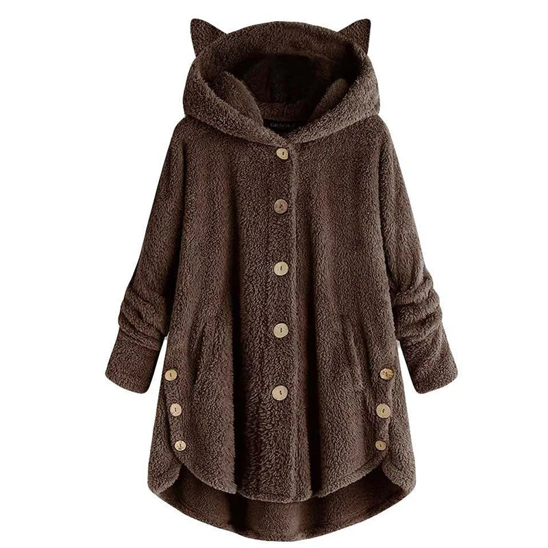 Casaco de penas monocromático feminino, botão Parkas com capuz, blusa de pelúcia de gato, jaqueta irregular, monocromática, pele, inverno