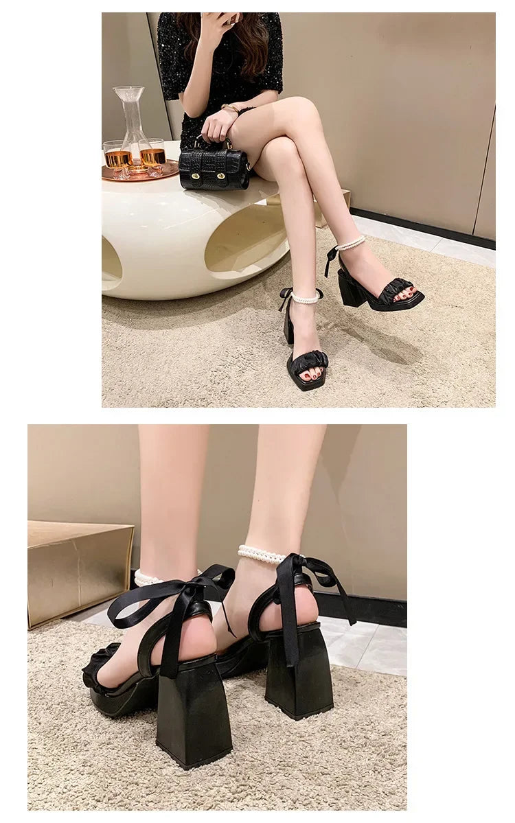 Shoes for Women Pearl Sandals Suit Female Beige Increasing Height Block Heels All-Match Black Bow 2024 Fashion Chunky Sandals