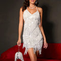 Women Sequin Fringe Mini Dress Sling Tassel Hem Sparkly Spaghetti Strap Backless Bodycon Elegant Cocktail Party Short Dress Y2K