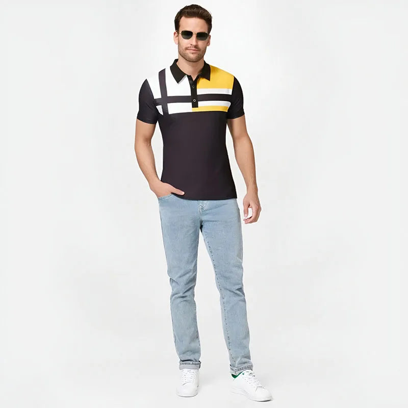 Summer men's short sleeved polo shirt, business office lapel shirt, men's sports and leisure fashionable stripe T-shirt top