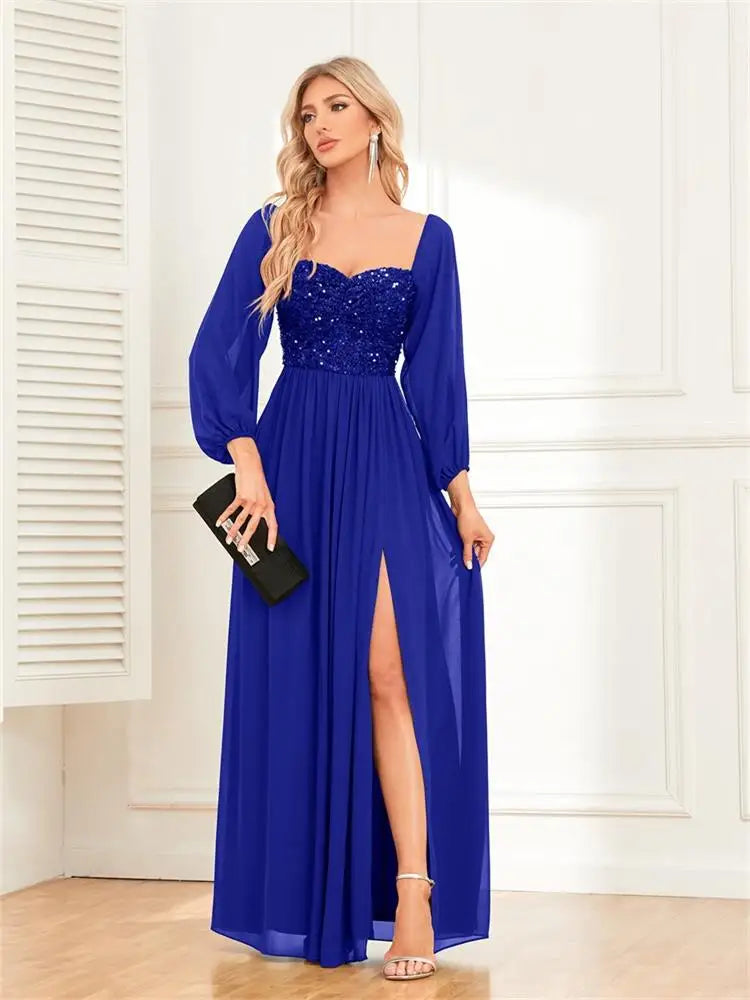 Elegant and versatile one shoulder high slit lace up dress with full lining sequin patchwork chiffon long sleeved formal dress