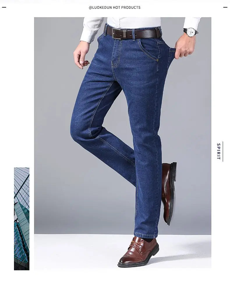 New men's blue and black elastic business wrinkle resistant and wear-resistant jeans straight tube multifunctional denim pants