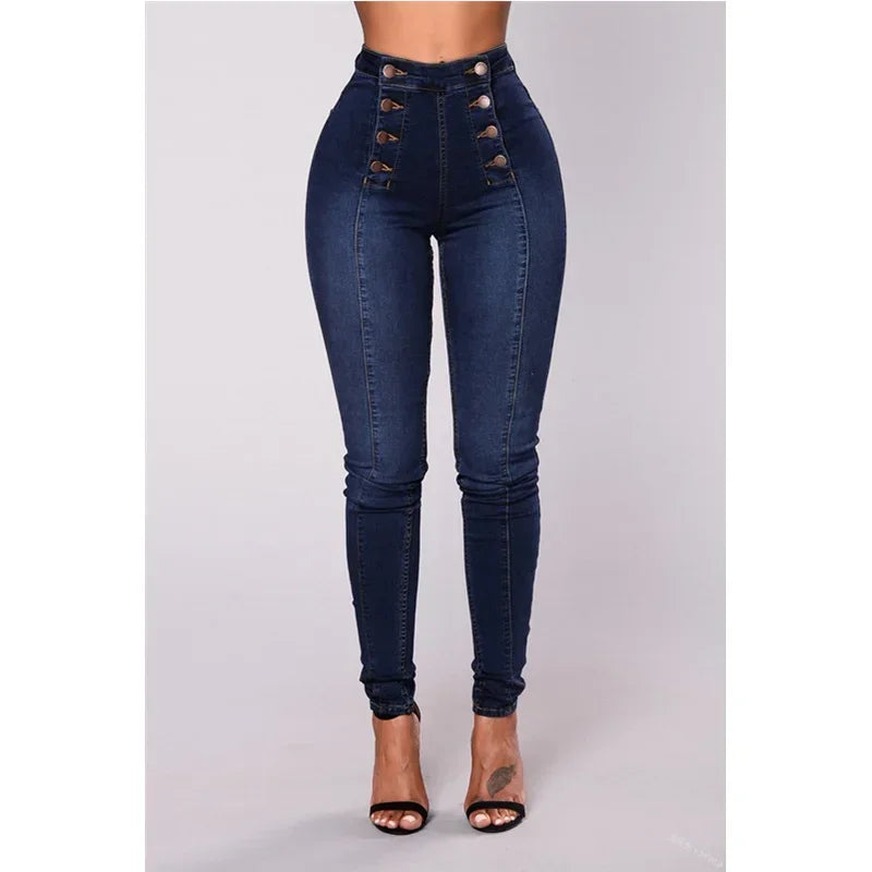 Mulheres elegantes vintage estiramento bodycon jeans moda casual duplo breasted cintura alta calças jeans magros