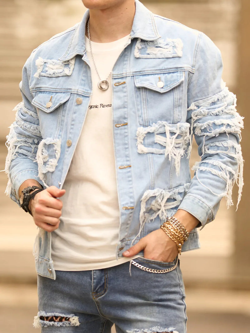 Stylish Street Style Men Distressed Splicing Slim Denim Jacket Ripped Patch Male Casual Jean Jacket Coat