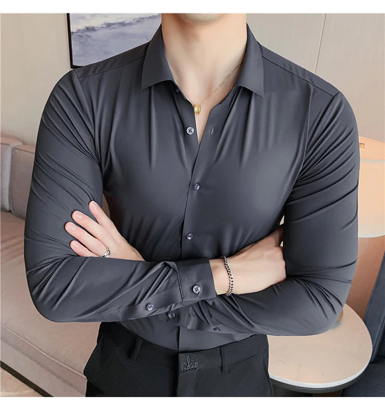 Plus Size 4XL-M High Elasticity Seamless Shirts Men Long Sleeve Top Quality Slim Casual Luxury Shirt Social Formal Dress Shirts