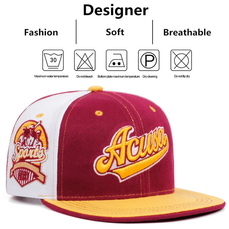 Novo boné Acusa Snapback bordado com blocos de cores Hip Hop Fashion Outdoor ajustável para homens e mulheres Chapéu de beisebol com proteção solar