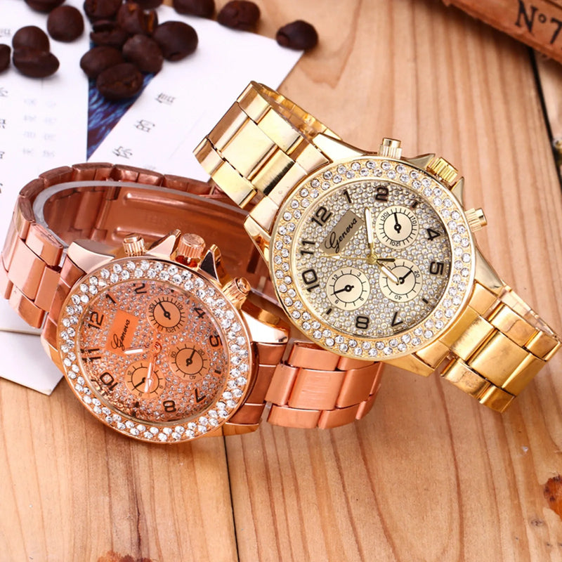 Fashion Women Wristwatch Stainless Steel Strap Quartz Watches Roman Double Circle Diamond Exquisite Luxury Watch Gift For Wife