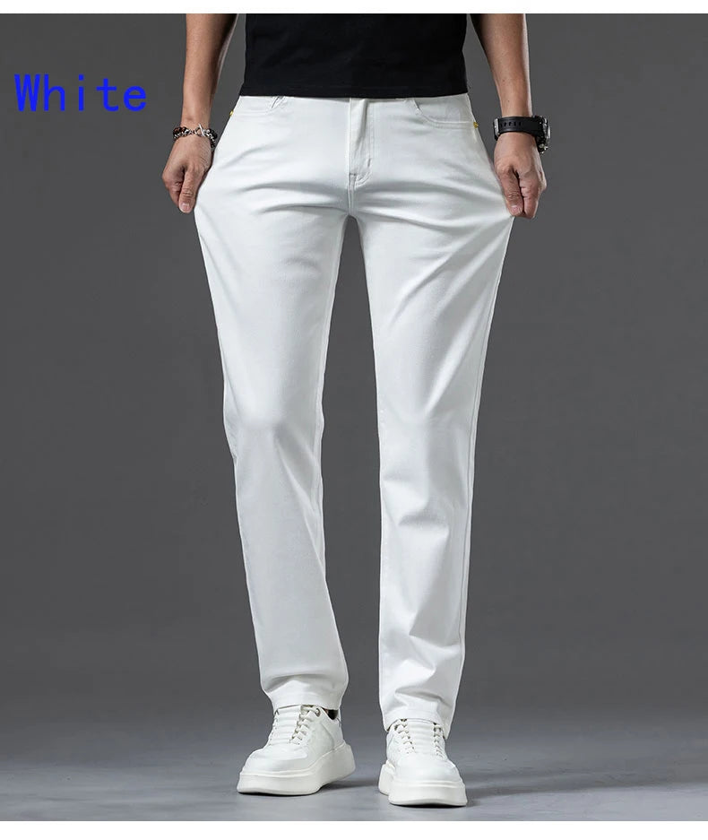 New Fashion Brand Jeans Men's Khaki White Straight Denim Medium Waist Fashion Stretch Casual Cotton Denim Pants