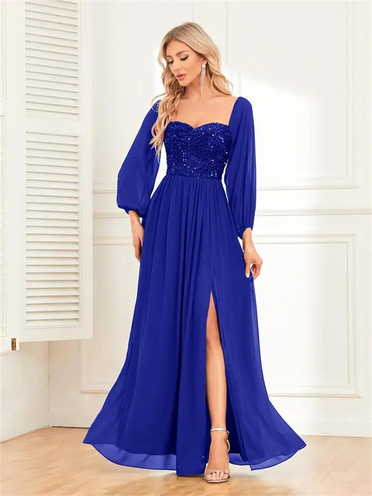 Elegant and versatile one shoulder high slit lace up dress with full lining sequin patchwork chiffon long sleeved formal dress