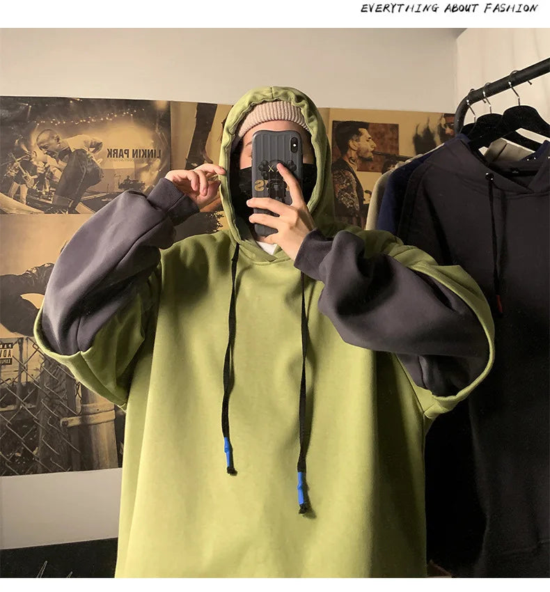 Hooded Sweatshirts Patchwork Fake Two Piece Pullover Top Student Oversized Hooded Korean Fashion High Street Hip Hop Men Clothes