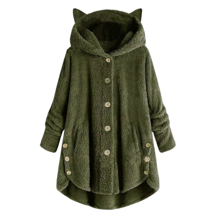 Casaco de penas monocromático feminino, botão Parkas com capuz, blusa de pelúcia de gato, jaqueta irregular, monocromática, pele, inverno