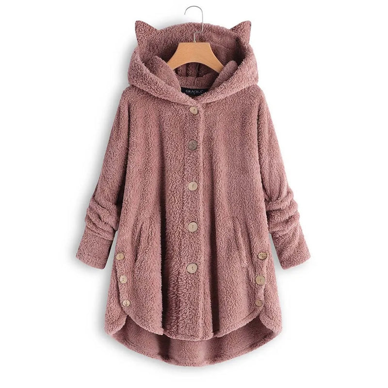 Casaco de penas monocromático feminino, botão Parkas com capuz, blusa de pelúcia de gato, jaqueta irregular, monocromática, pele, inverno