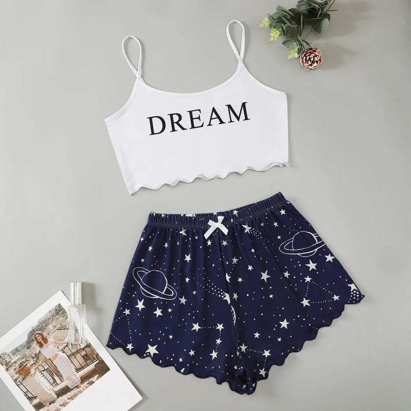 Summer Moon Stars Letter Printed Pajama Set Women Sexy Lingerie Sleeveless Crop Tops with Shorts Pyjamas Sets Suit Sleepwear