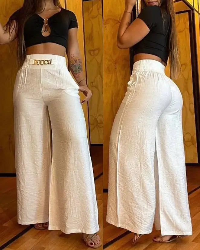 Calças femininas de cintura alta e pernas largas, decoração elegante com corrente, calças pretas, roupas casuais, branco, verão